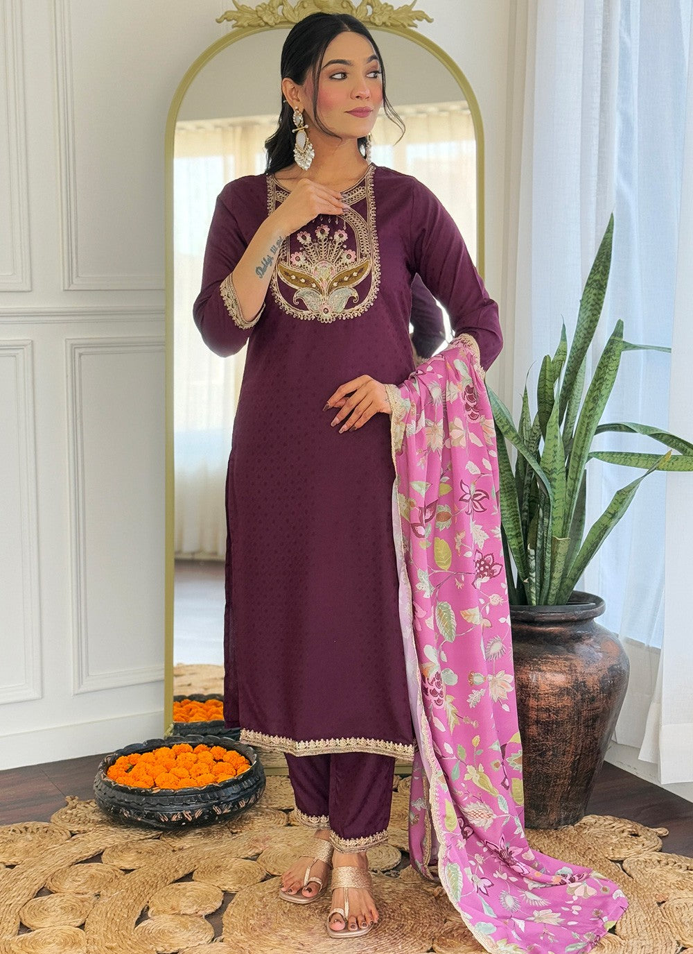 Pant Style Suit Embroidered, Printed Wine T7383