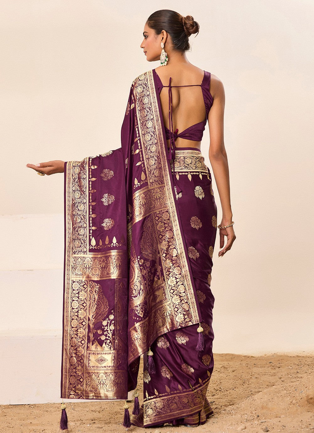 Wine Satin Silk Contemporary Saree Jacquard Work, Woven S16452