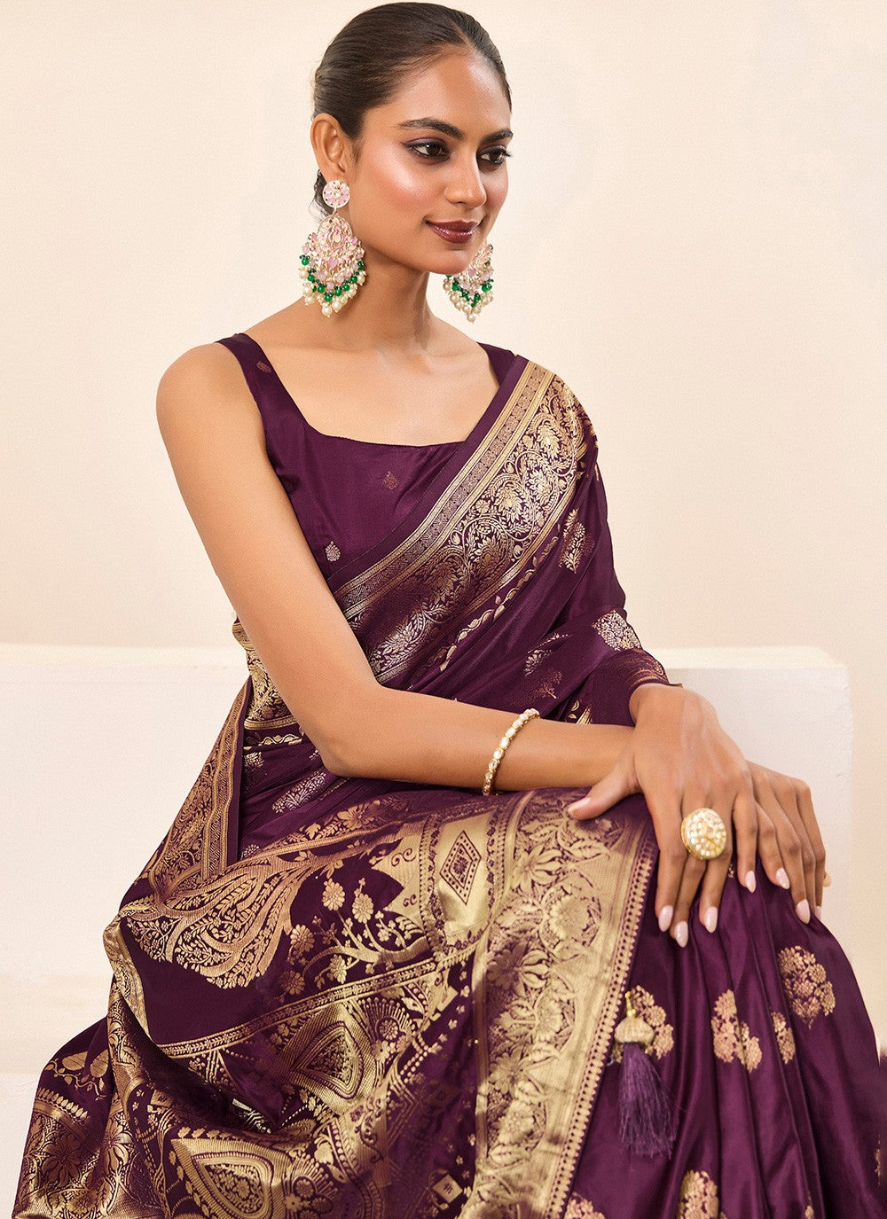 Wine Satin Silk Contemporary Saree Jacquard Work, Woven S16452
