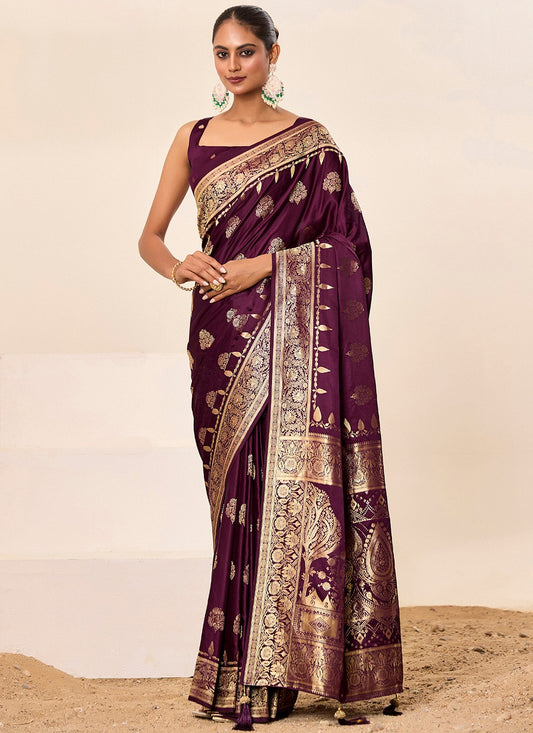 Wine Satin Silk Contemporary Saree Jacquard Work, Woven S16452