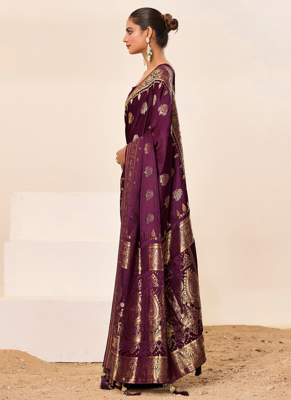 Wine Satin Silk Contemporary Saree Jacquard Work, Woven S16452