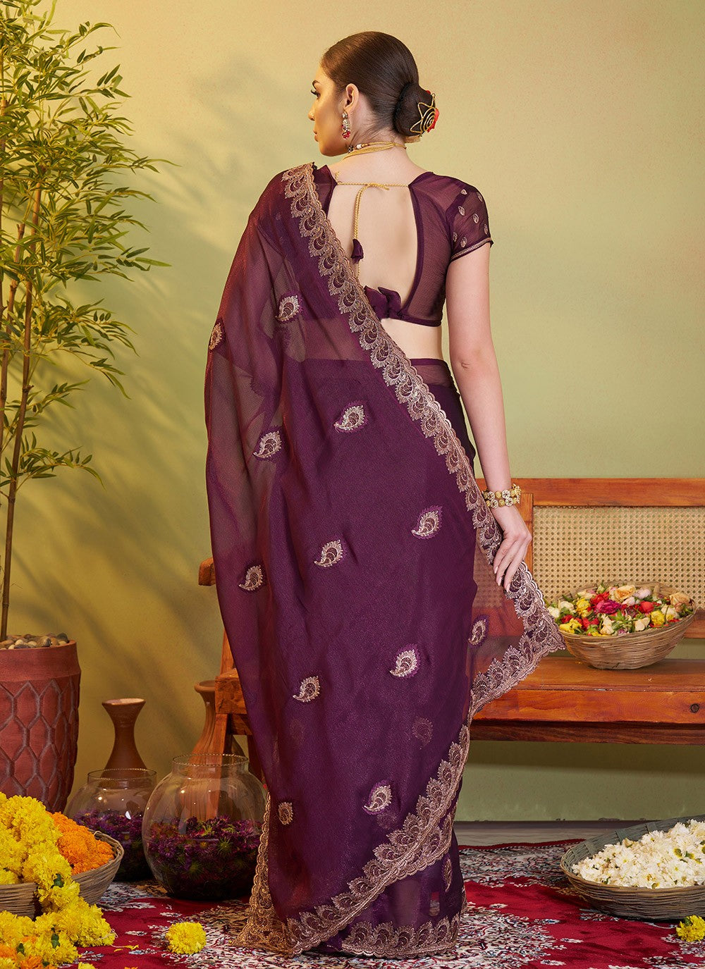Swarovski Chiffon Wine Saree S14371