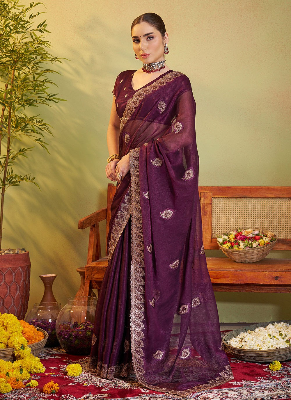Swarovski Chiffon Wine Saree S14371