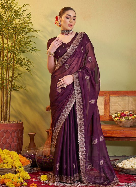 Swarovski Chiffon Wine Saree S14371