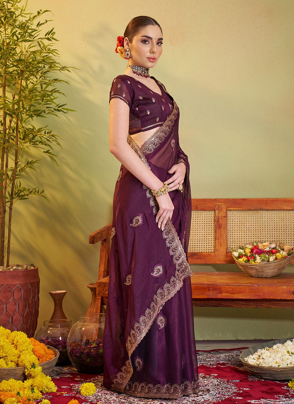 Swarovski Chiffon Wine Saree S14371