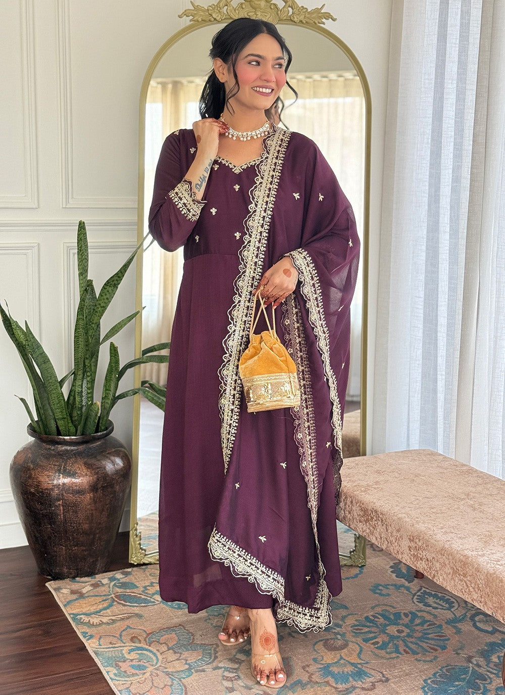 Pant Style Suit Embroidered Wine T7385
