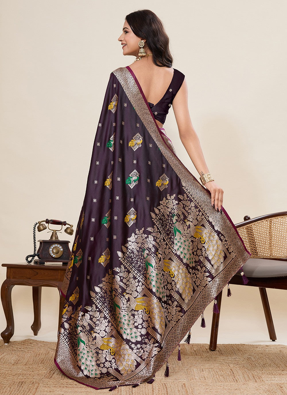 Wine Satin Silk Contemporary Saree Meenakari, Woven S19531