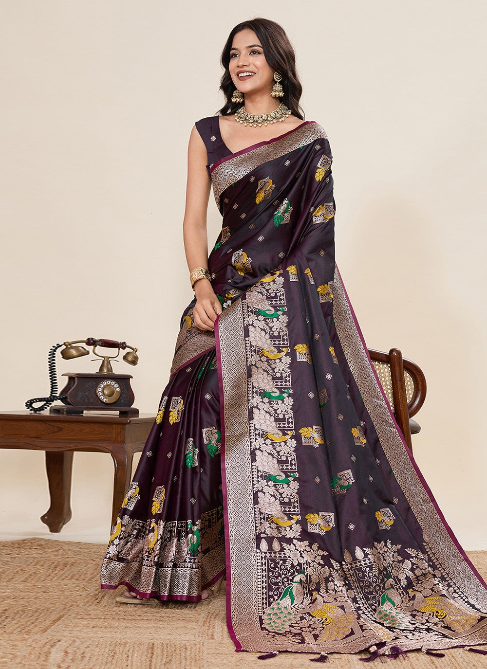 Wine Satin Silk Contemporary Saree Meenakari, Woven S19531