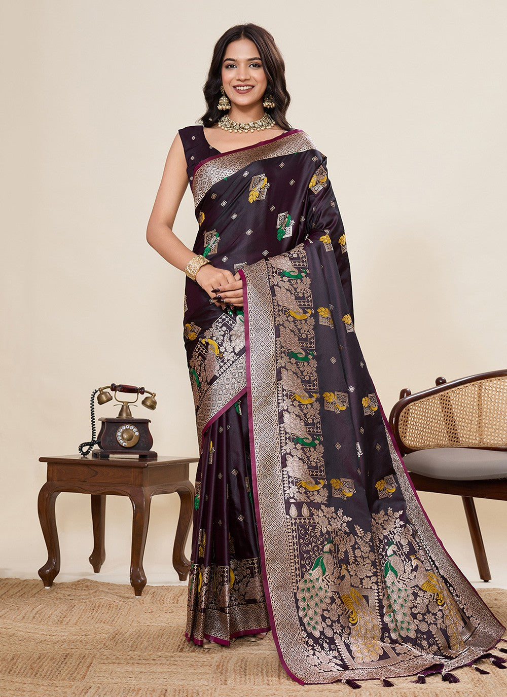 Wine Satin Silk Contemporary Saree Meenakari, Woven S19531