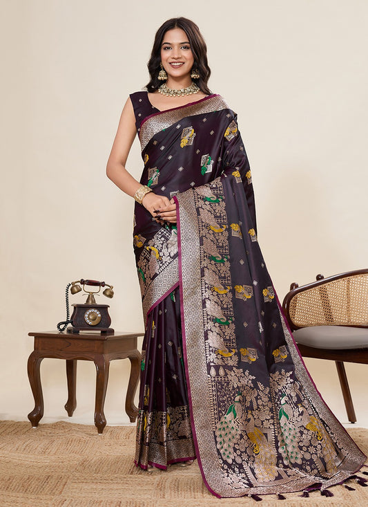 Wine Satin Silk Contemporary Saree Meenakari, Woven S19531