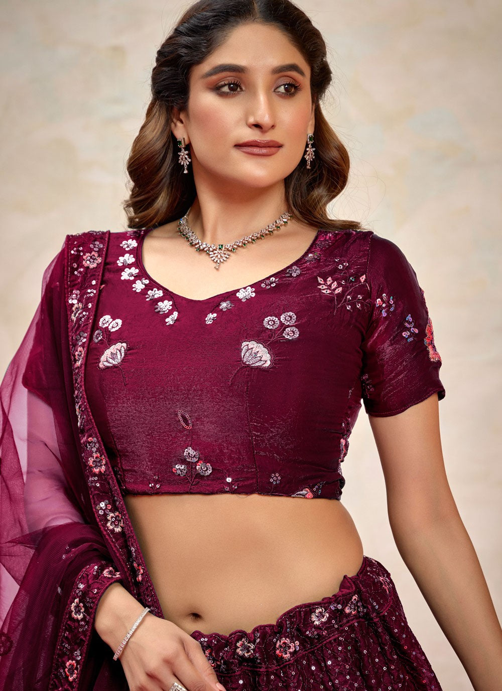 Embroidered Silk Wine Lehenga - L3268