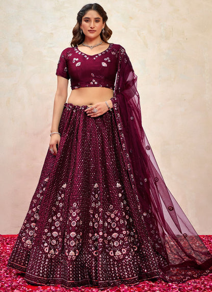 Embroidered Silk Wine Lehenga - L3268