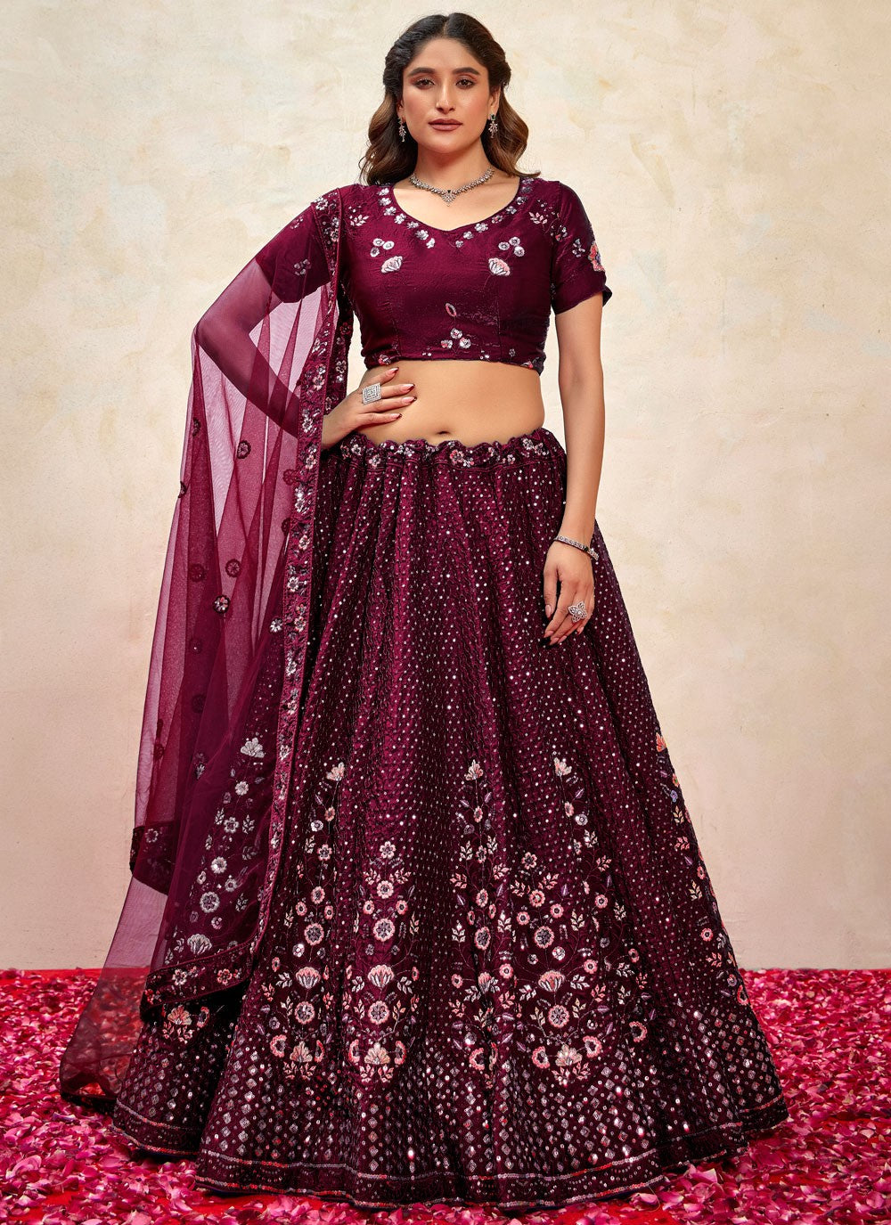Embroidered Silk Wine Lehenga - L3268