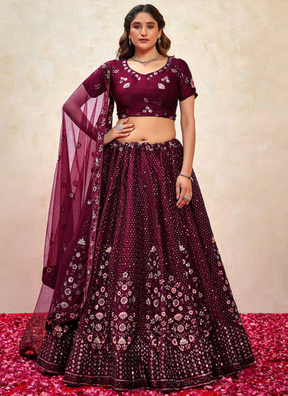 Embroidered Silk Wine Lehenga - L3268