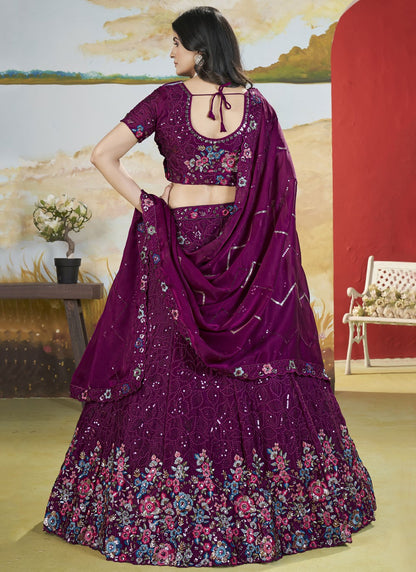 Floral Printed Chinon Wine Lehenga - L3296