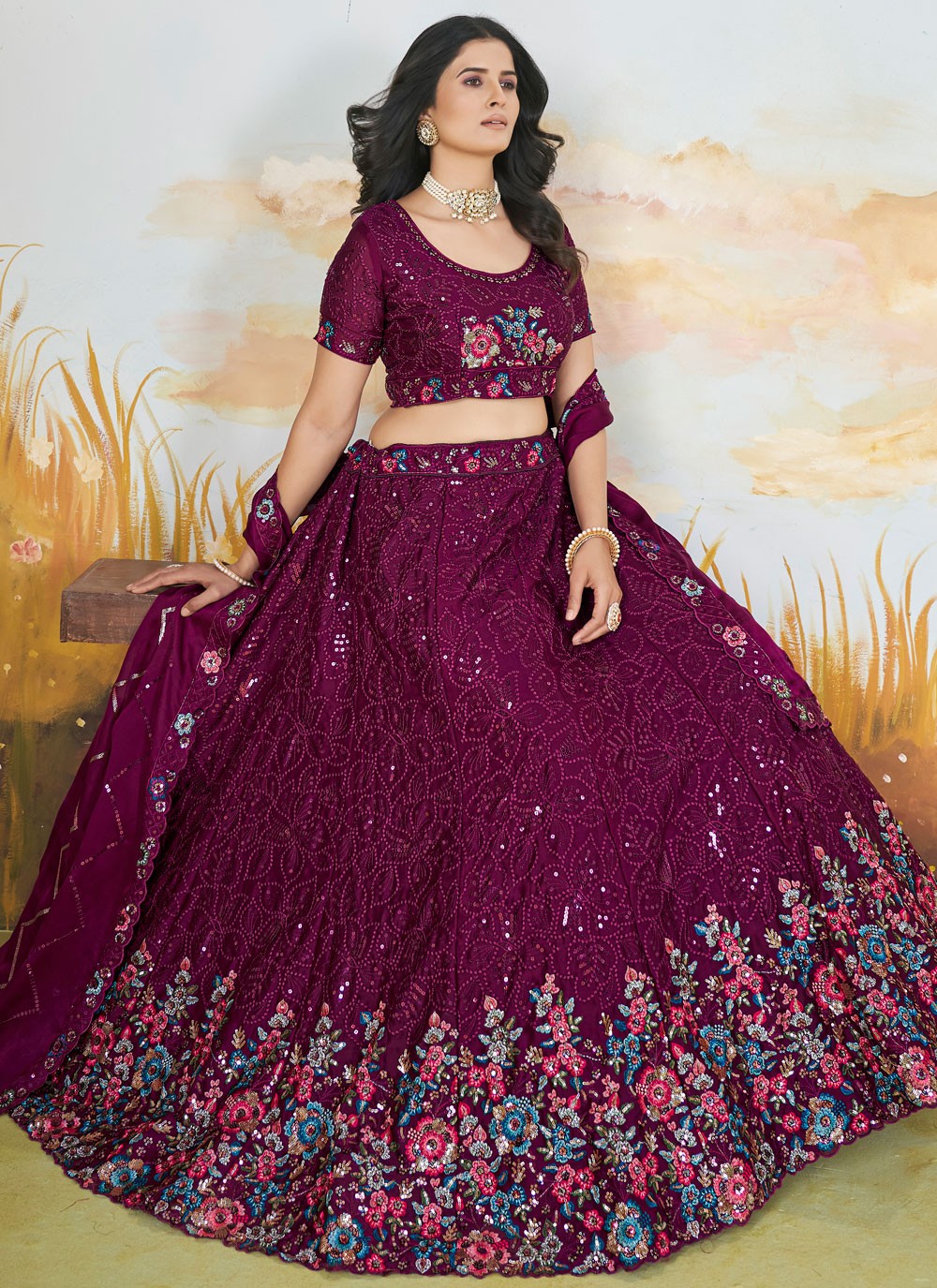 Floral Printed Chinon Wine Lehenga - L3296