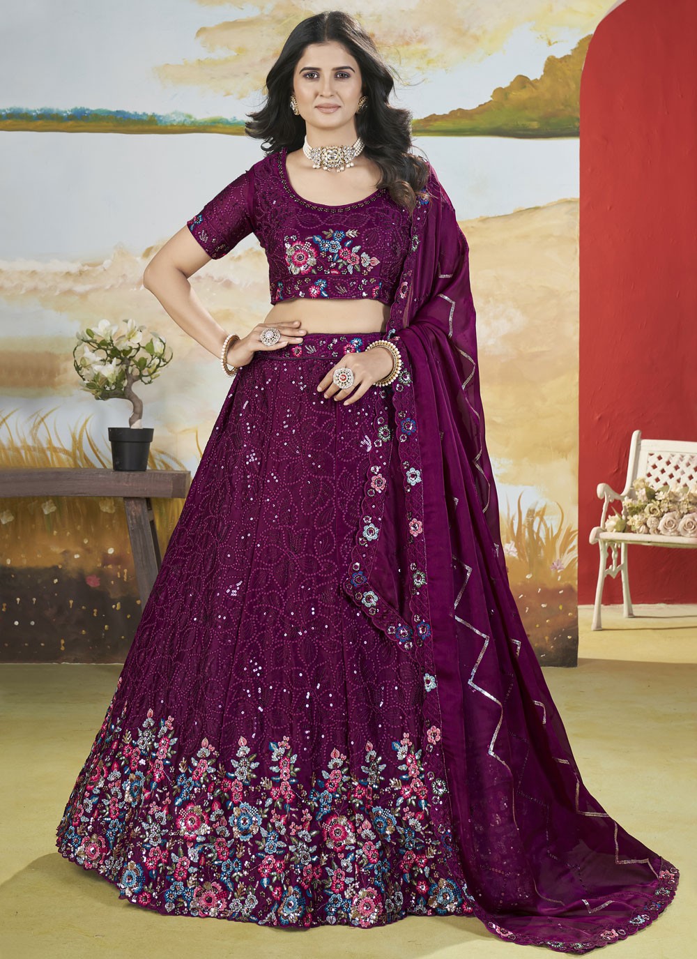 Floral Printed Chinon Wine Lehenga - L3296