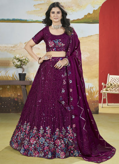 Floral Printed Chinon Wine Lehenga - L3296