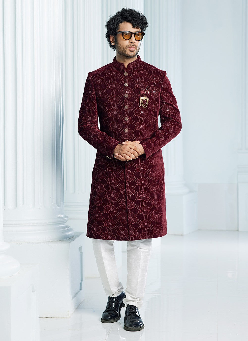Machine Embroidery Velvet Wine Indo Western Sherwani - M6117