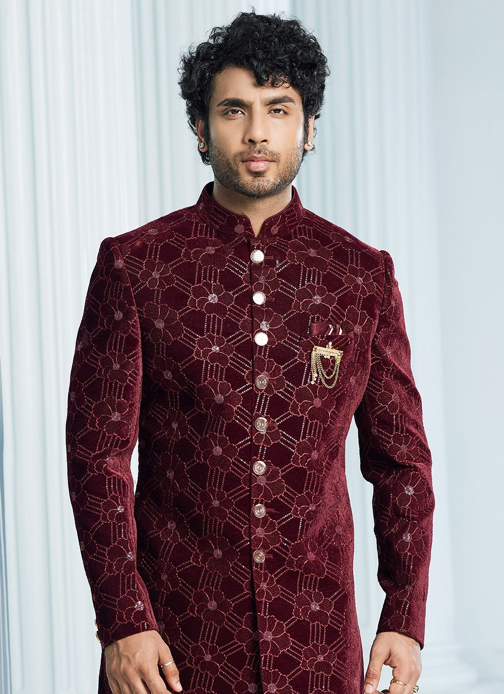 Machine Embroidery Velvet Wine Indo Western Sherwani - M6117