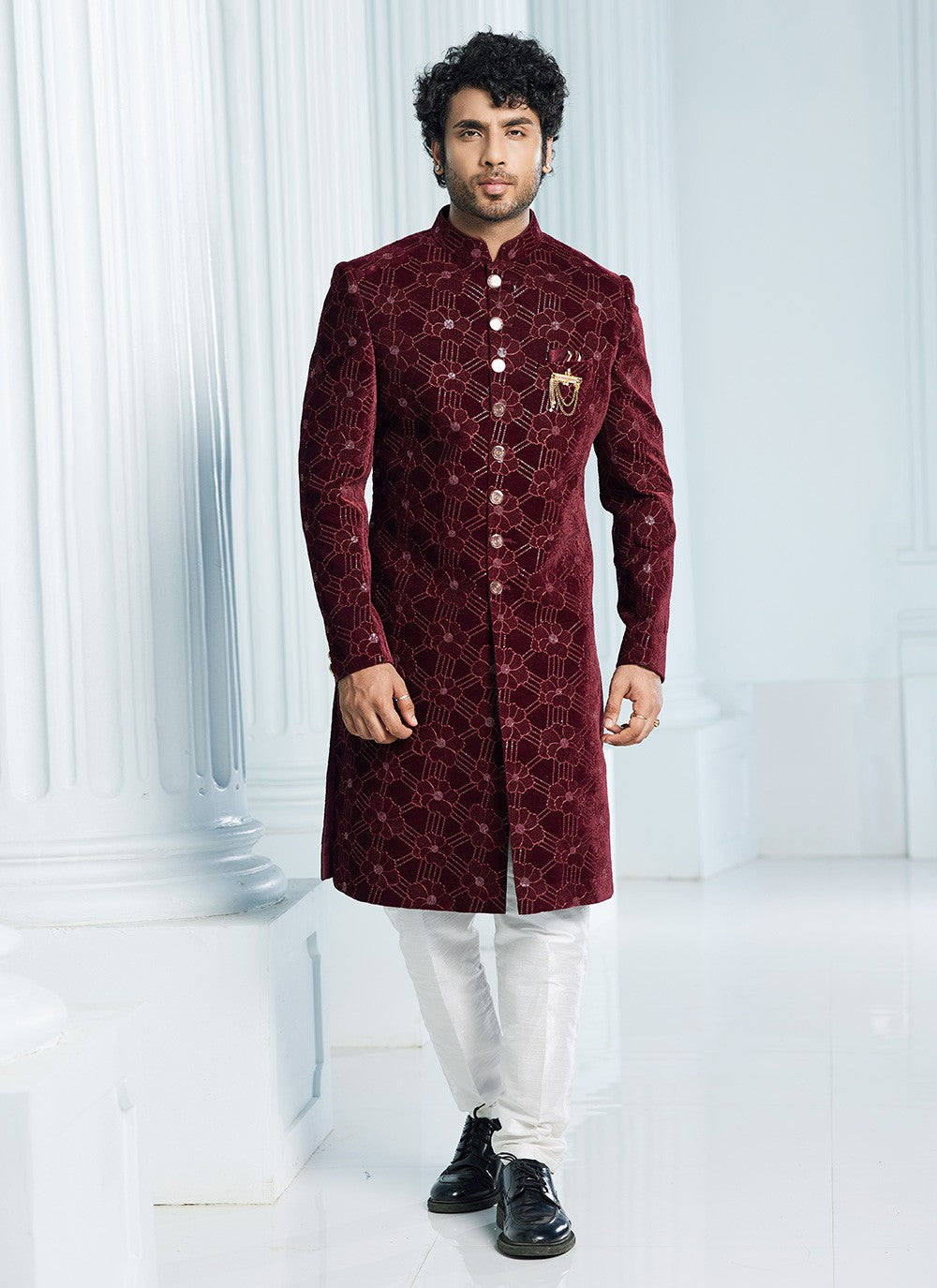 Machine Embroidery Velvet Wine Indo Western Sherwani - M6117