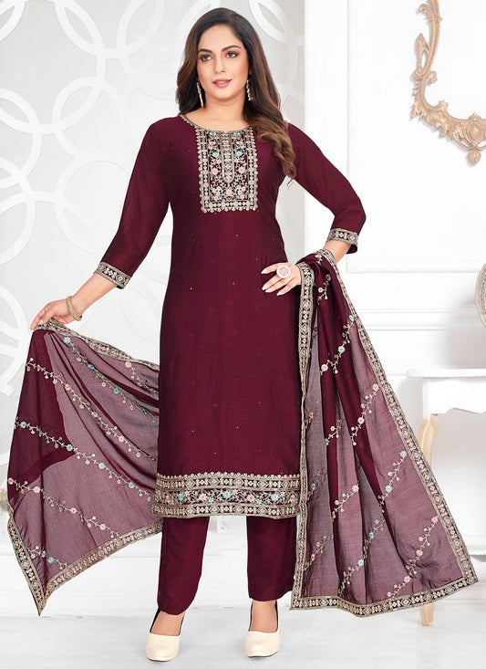 Pant Style Suit Embroidered Wine Vichitra Silk T5761