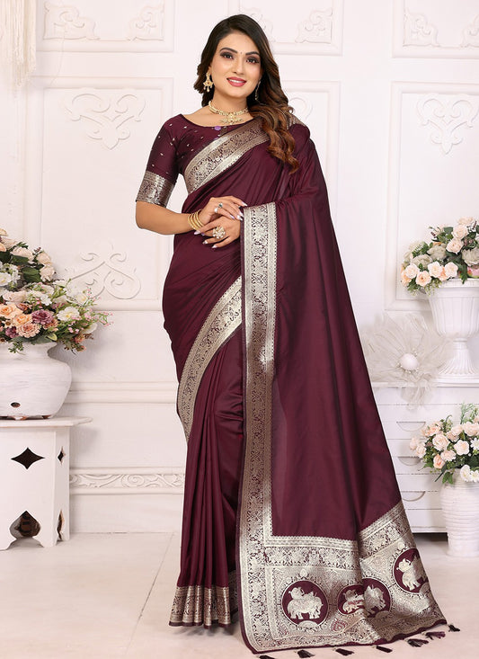 Wine Banarasi Silk Trendy Saree Jacquard Work, Weaving Zari S17848