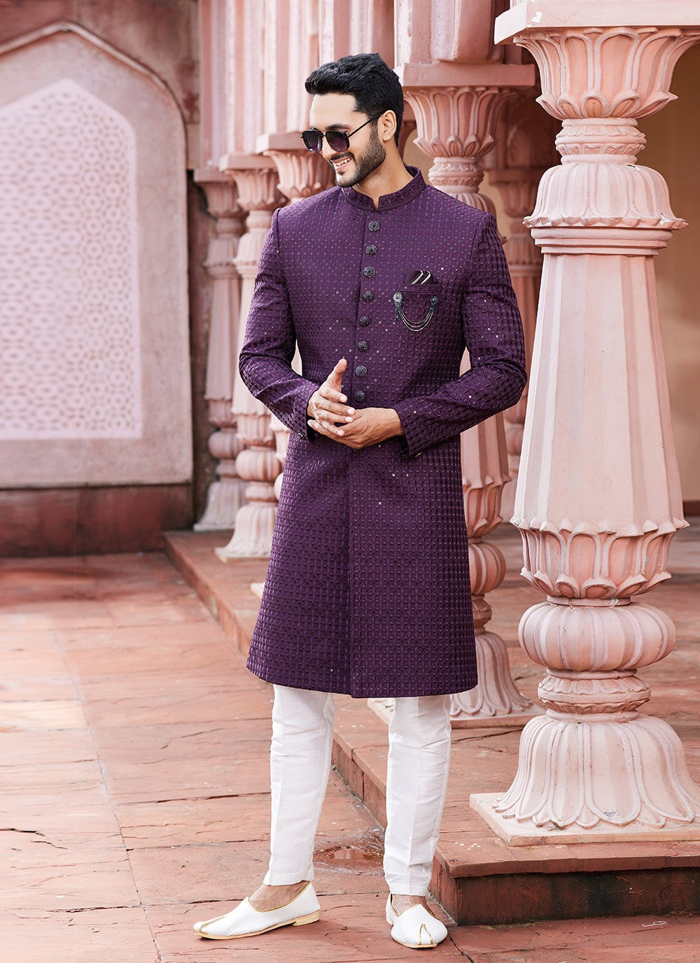 Fancy Work Art Silk Wine Sherwani - M6146