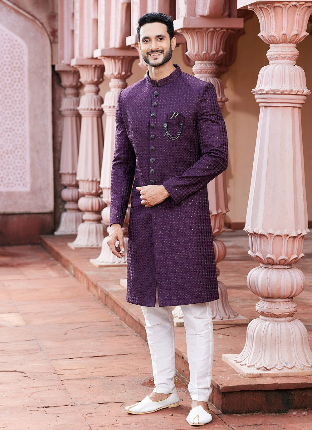 Fancy Work Art Silk Wine Sherwani - M6146