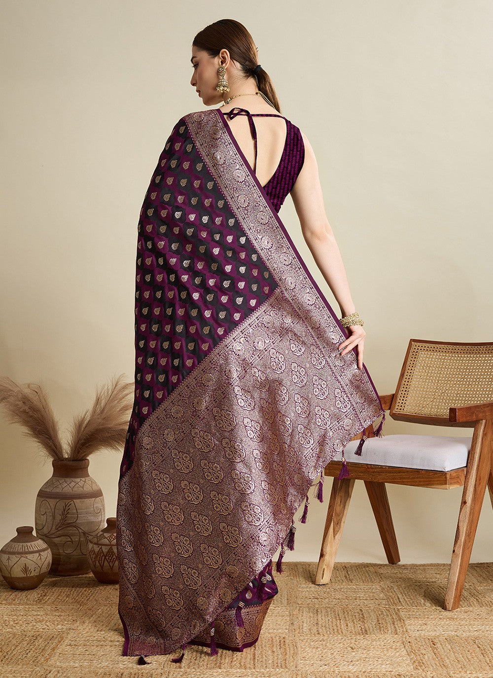 Wine Satin Silk Classic Saree Woven S16831