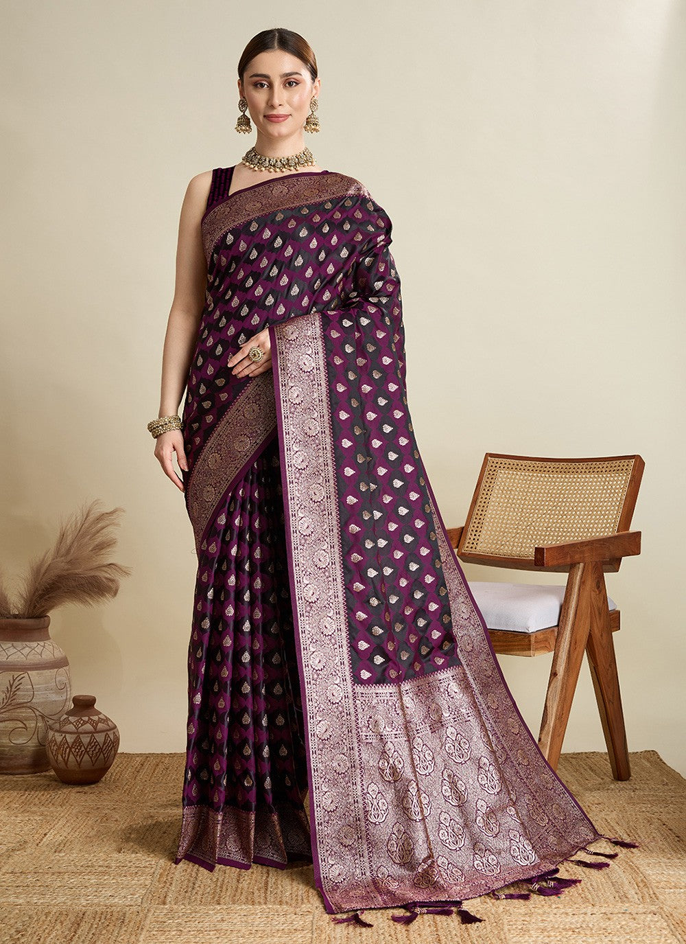 Wine Satin Silk Classic Saree Woven S16831