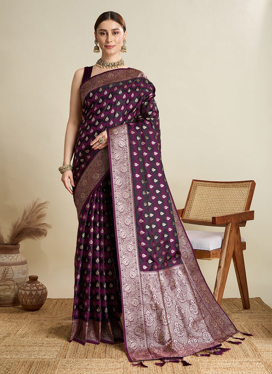 Wine Satin Silk Classic Saree Woven S16831