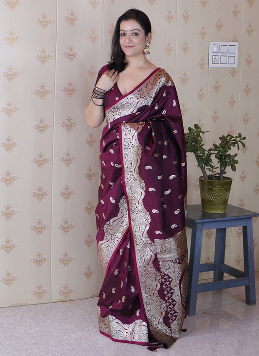 Wine Banarasi Silk Trendy Saree Woven S19467
