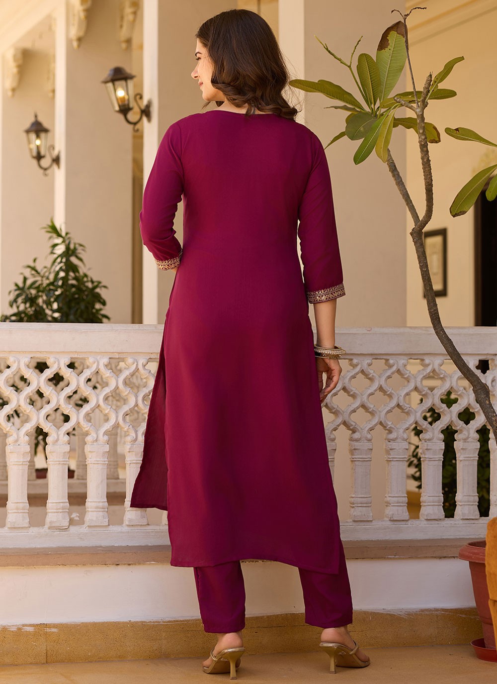 Embroidered Rayon Wine Pant Style Suit T6394