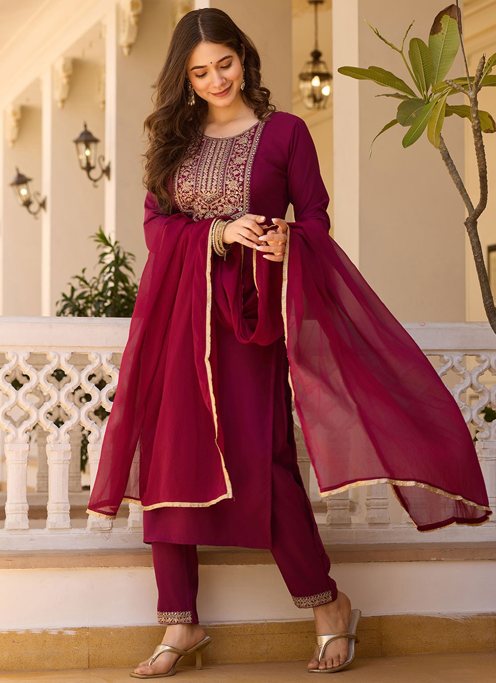 Embroidered Rayon Wine Pant Style Suit T6394