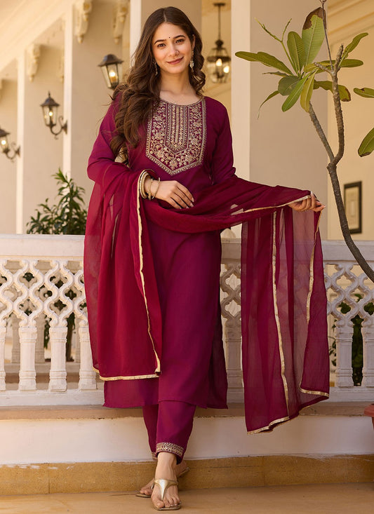 Embroidered Rayon Wine Pant Style Suit T6394