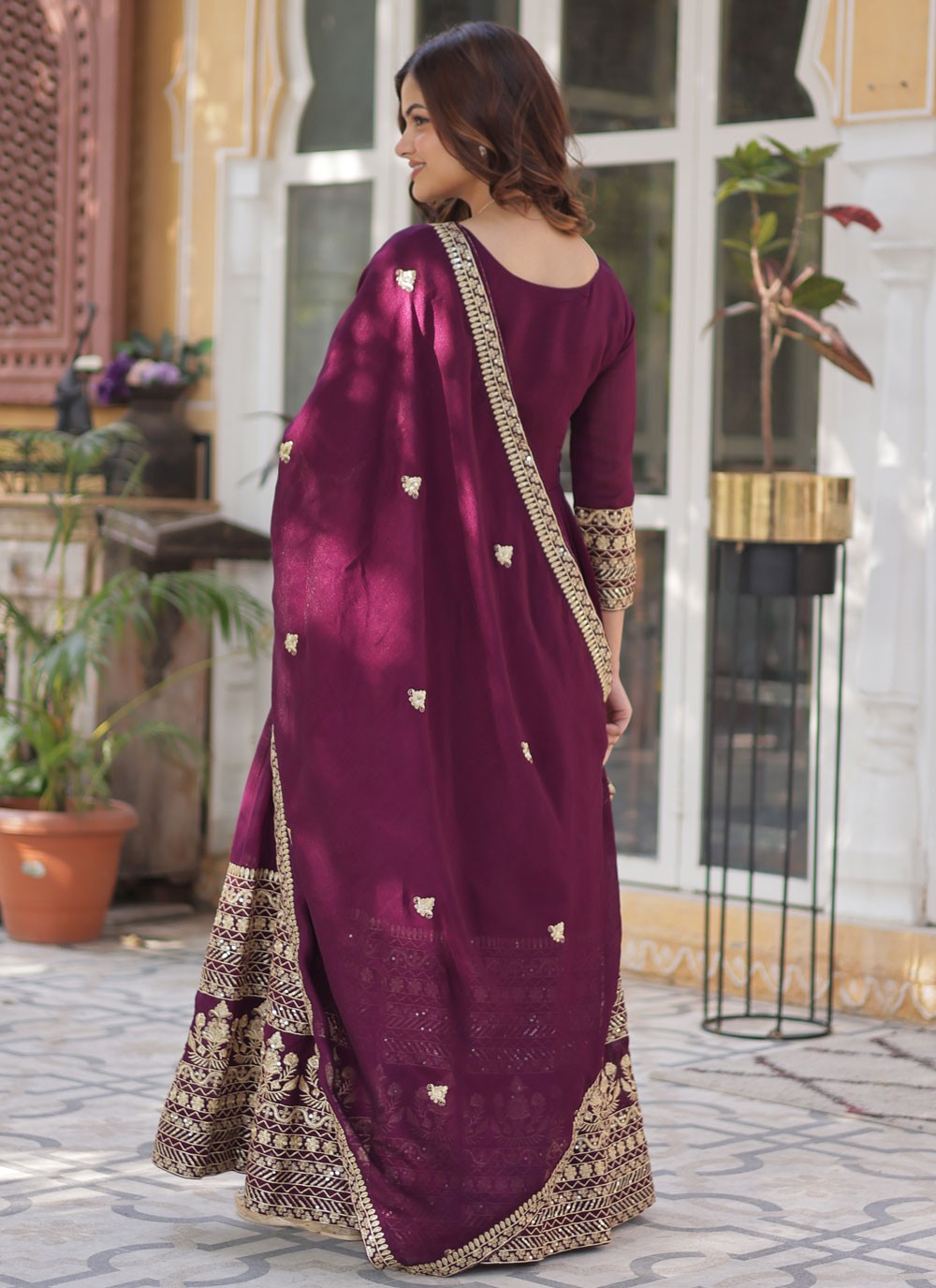 Embroidered Shimmer Wine Gown G19801