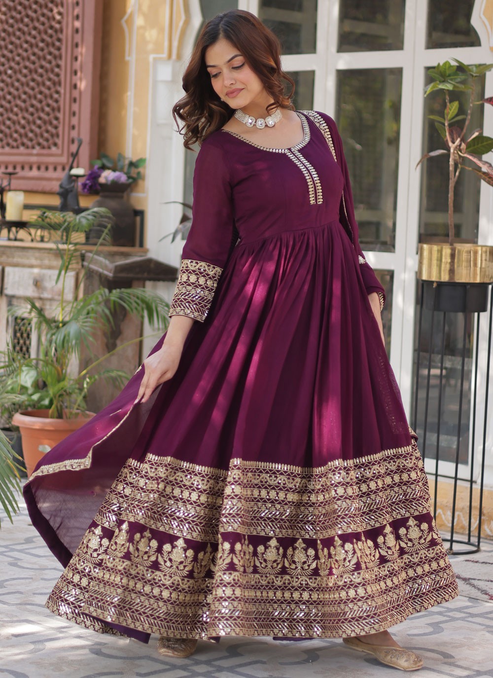 Embroidered Shimmer Wine Gown G19801