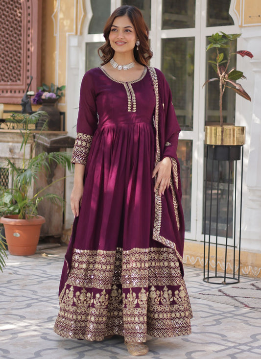 Embroidered Shimmer Wine Gown G19801