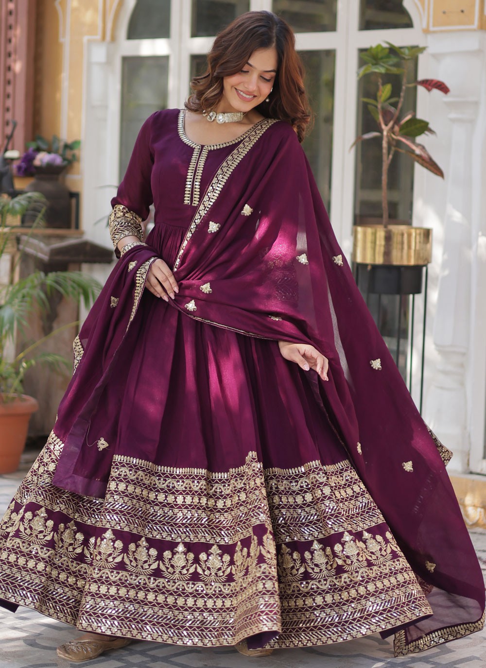 Embroidered Shimmer Wine Gown G19801