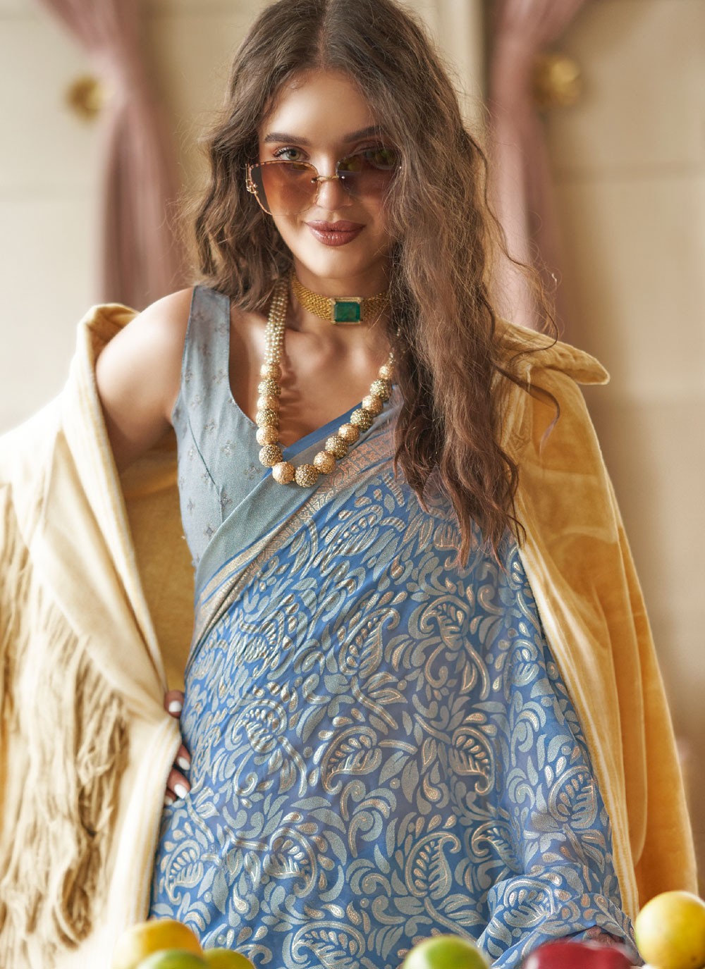 Blue Georgette Classic Saree Fancy Work, Woven S18266