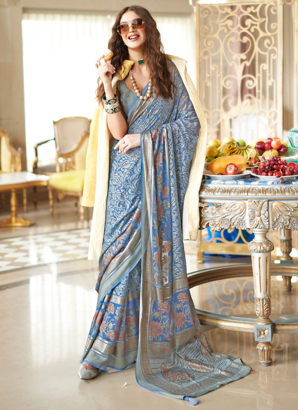 Blue Georgette Classic Saree Fancy Work, Woven S18266