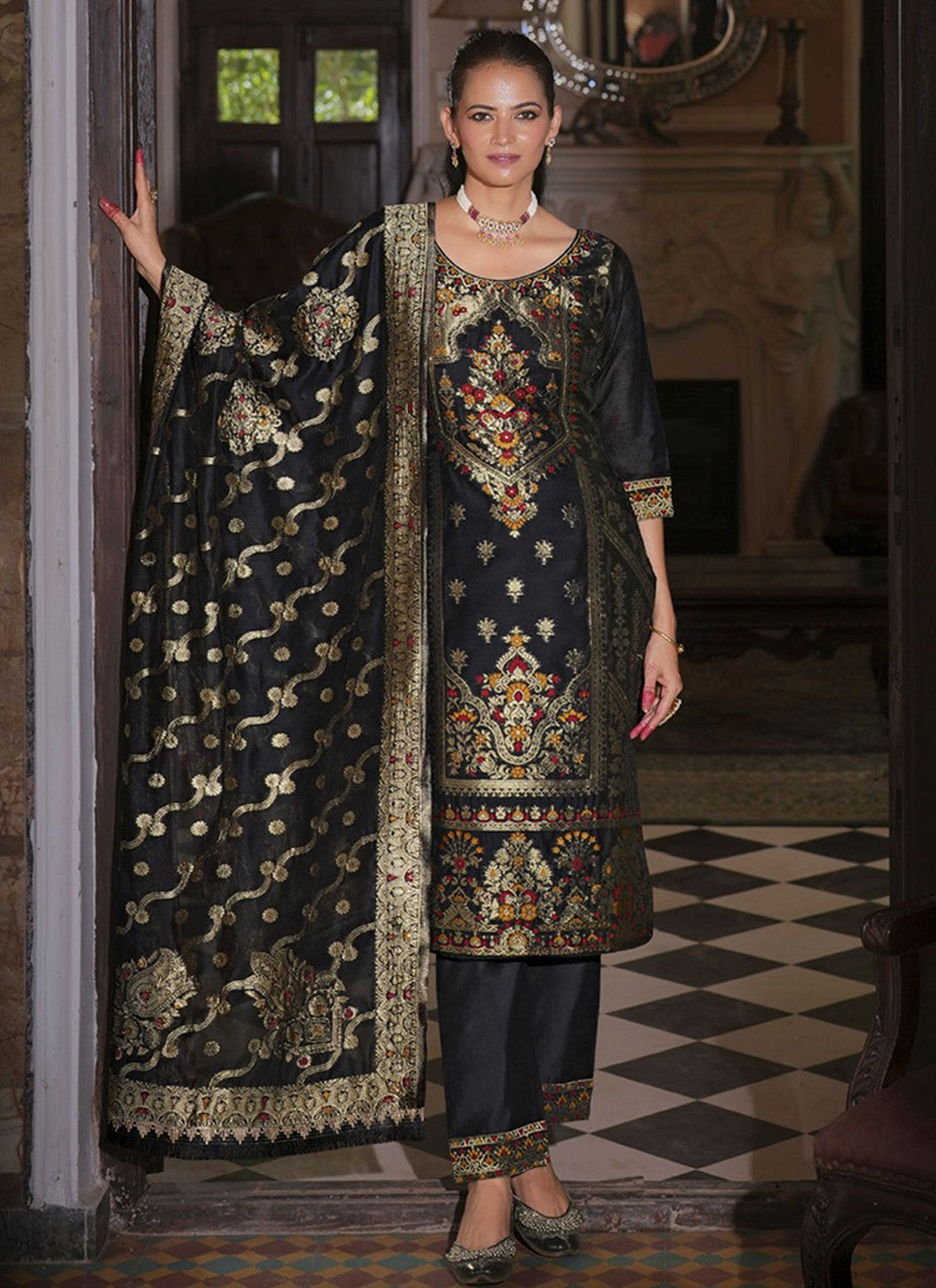 Pant Style Suit Hand Embroidery, Jacquard Work, Woven Black T8166