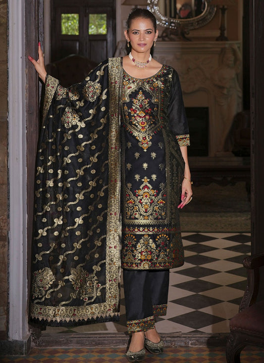 Pant Style Suit Hand Embroidery, Jacquard Work, Woven Black T8166
