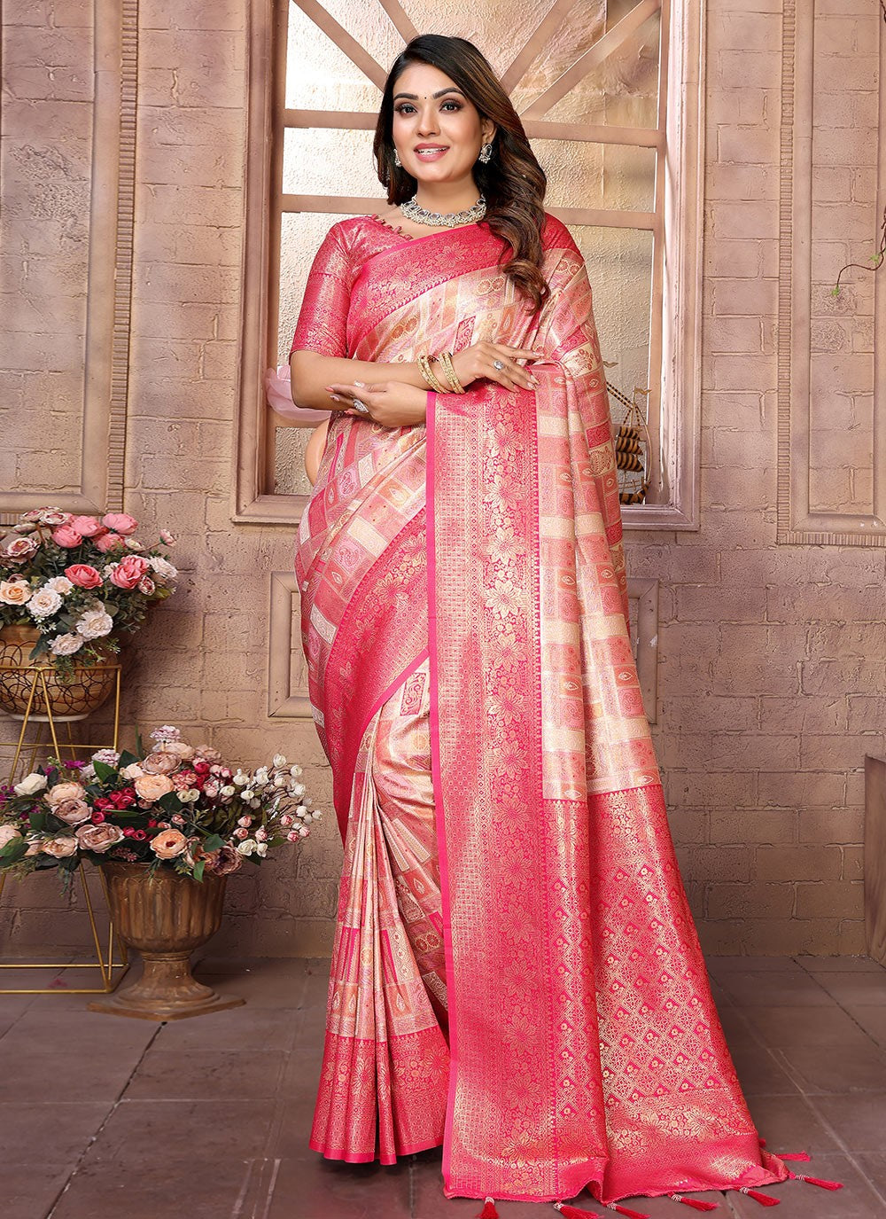 Woven Banarasi Silk Peach Classic Saree S15061
