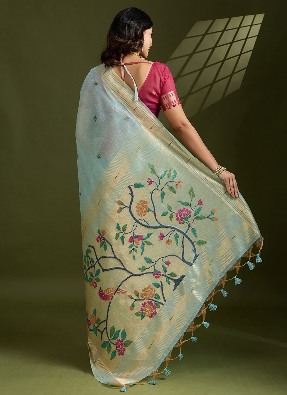 Aqua Blue Cotton Contemporary Saree Floral Printed, Thread, Woven, Zari S17569