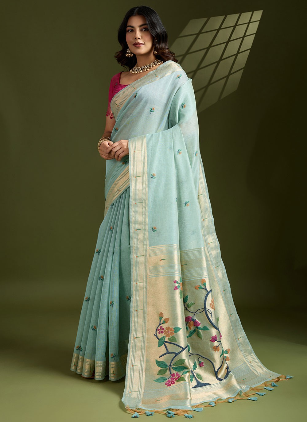 Aqua Blue Cotton Contemporary Saree Floral Printed, Thread, Woven, Zari S17569