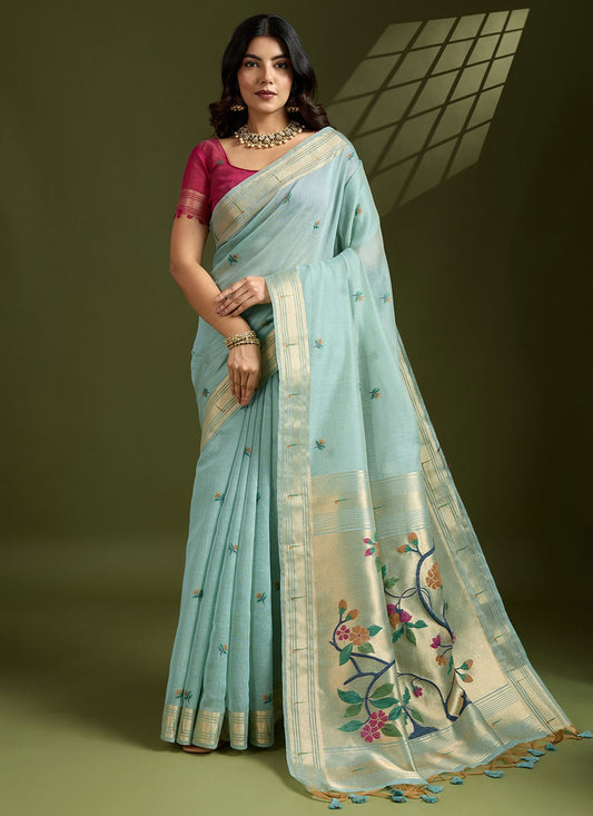 Aqua Blue Cotton Contemporary Saree Floral Printed, Thread, Woven, Zari S17569