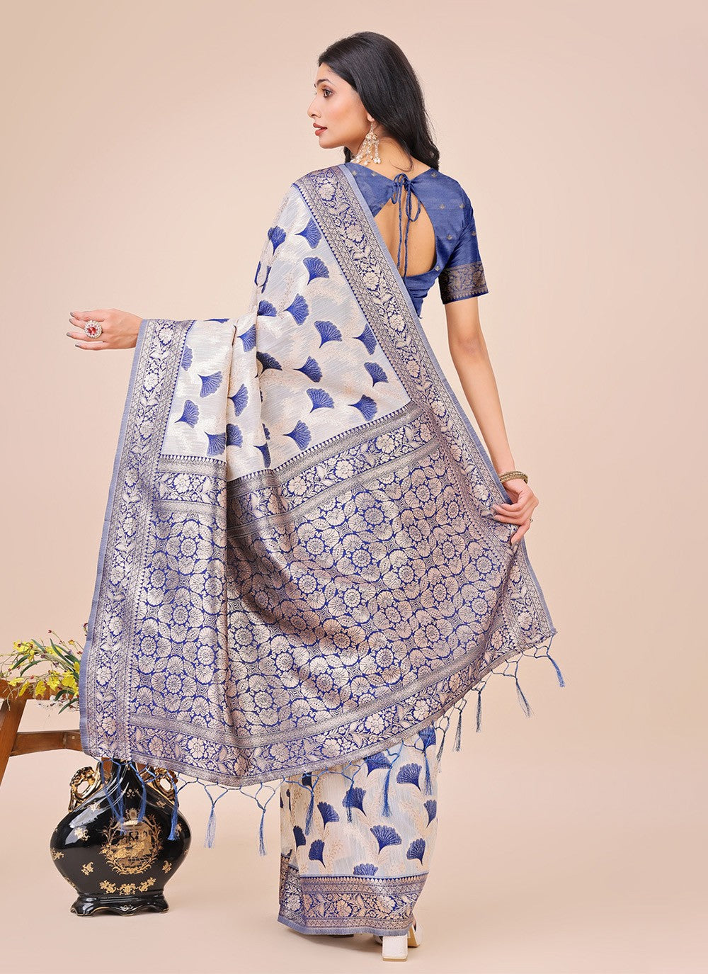 Woven Cotton Blue Contemporary Saree S15151