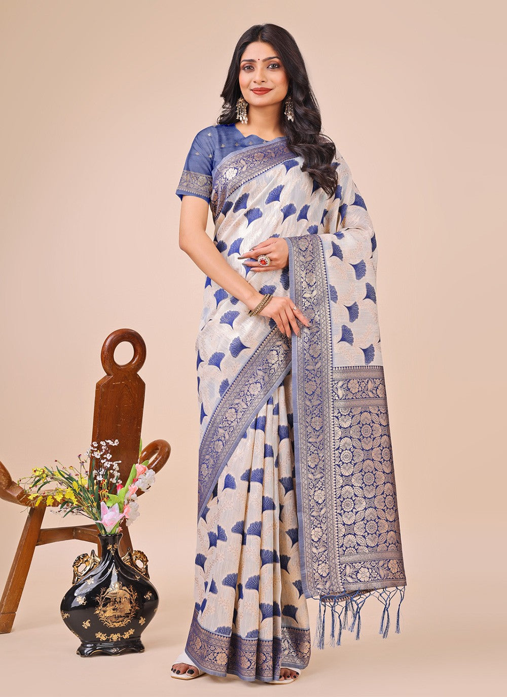 Woven Cotton Blue Contemporary Saree S15151